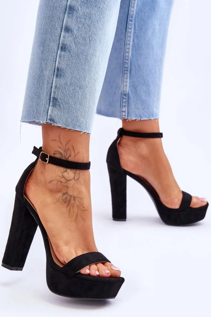 Hot Wygodne Zamszowe Sandały Na Wysokim Słupku Czarne Essence Damskie Sandały Na Słupku|Sandały Na Obcasie
