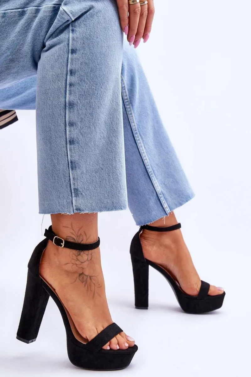 Hot Wygodne Zamszowe Sandały Na Wysokim Słupku Czarne Essence Damskie Sandały Na Słupku|Sandały Na Obcasie