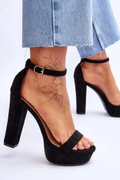 Hot Wygodne Zamszowe Sandały Na Wysokim Słupku Czarne Essence Damskie Sandały Na Słupku|Sandały Na Obcasie