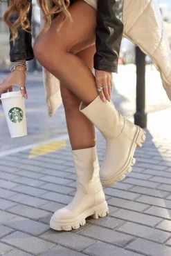 Botki Zimowe Damskie|Brązowe I Beżowe Botki>Damskie buty S.Barski Wysokie Botki Na Traperze Beżowe Loren