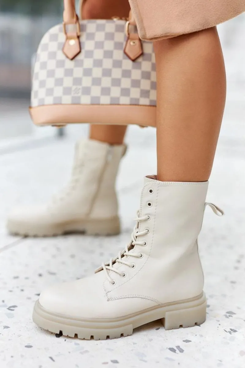 Wysokie Botki Workery Beżowe Rozelle Damskie Botki Sznurowane|Botki Zimowe Damskie