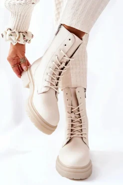 Wysokie Botki Workery Beżowe Rozelle Damskie Botki Sznurowane|Botki Zimowe Damskie