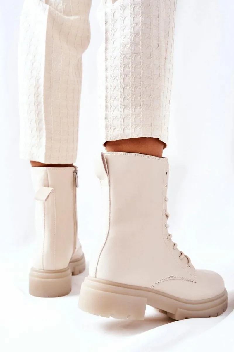 Wysokie Botki Workery Beżowe Rozelle Damskie Botki Sznurowane|Botki Zimowe Damskie