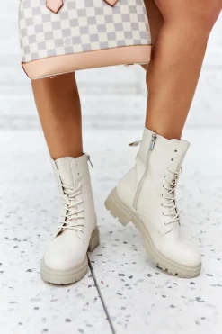 Wysokie Botki Workery Beżowe Rozelle Damskie Botki Sznurowane|Botki Zimowe Damskie