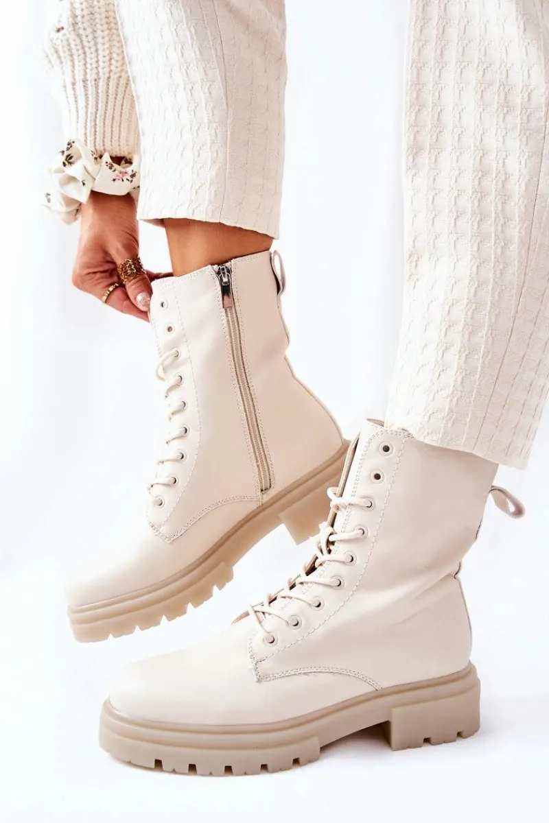 Wysokie Botki Workery Beżowe Rozelle Damskie Botki Sznurowane|Botki Zimowe Damskie