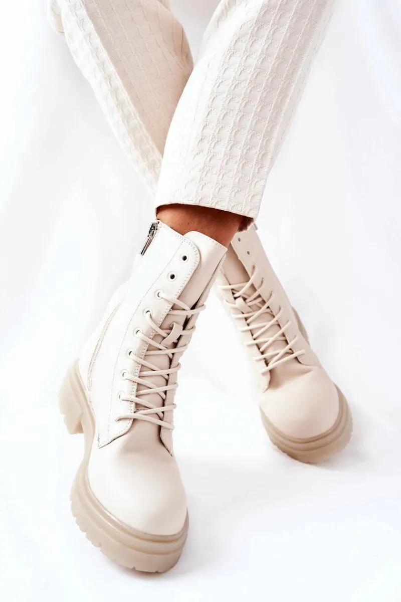 Wysokie Botki Workery Beżowe Rozelle Damskie Botki Sznurowane|Botki Zimowe Damskie