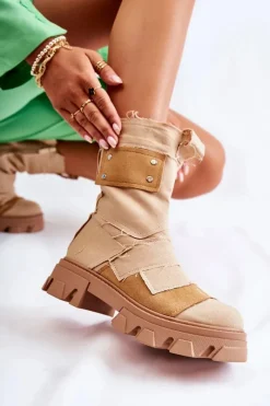 Outlet Boto Wysokie Botki Workery Na Suwak Ciemnobeżowe Nerisa