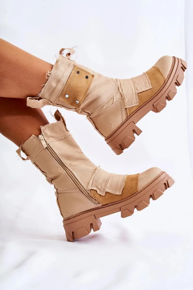 Outlet Boto Wysokie Botki Workery Na Suwak Ciemnobeżowe Nerisa