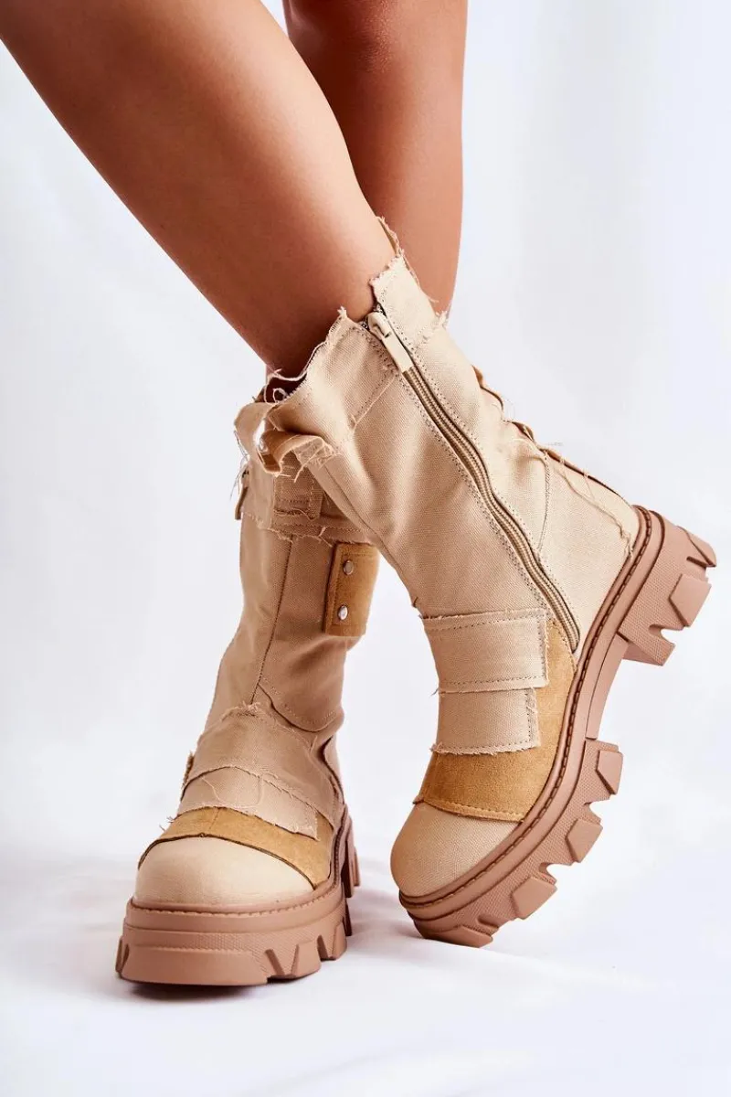 Outlet Boto Wysokie Botki Workery Na Suwak Ciemnobeżowe Nerisa