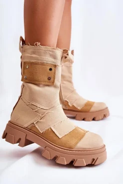Outlet Boto Wysokie Botki Workery Na Suwak Ciemnobeżowe Nerisa