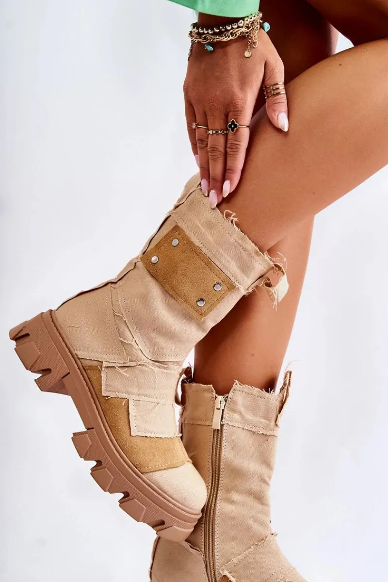 Outlet Boto Wysokie Botki Workery Na Suwak Ciemnobeżowe Nerisa