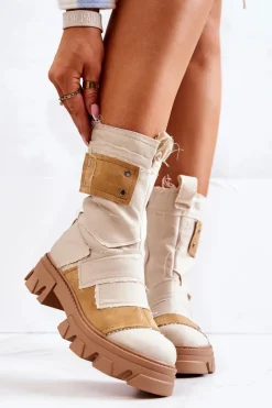 Boto Wysokie Botki Workery Na Suwak Beżowe Nerisa