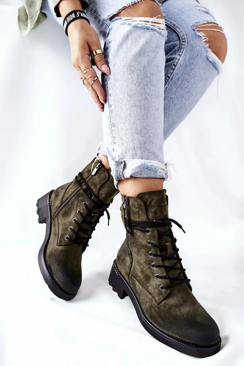 Best Wysokie Botki Workery Z Suwakami Zielone Maisa Damskie Botki Ocieplane|Botki Sznurowane