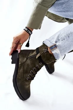 Best Wysokie Botki Workery Z Suwakami Zielone Maisa Damskie Botki Ocieplane|Botki Sznurowane