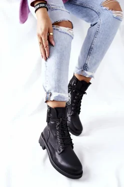 Hot Wysokie Botki Workery Z Suwakami Czarne Maisa Damskie Botki Ocieplane|Botki Sznurowane