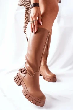 Wysokie Brązowe Kozaki z Łańcuchem Teardown Damskie Kozaki Ocieplane|Kozaki Płaskie