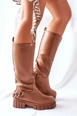 Wysokie Brązowe Kozaki z Łańcuchem Teardown Damskie Kozaki Ocieplane|Kozaki Płaskie