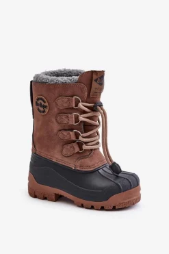 Outlet Wysokie Ciepłe Śniegowce Dziecięce Ze Ściągaczem LCJ-24-44-2842K Brązowe Dzieci Chłopięce|Dziewczęce