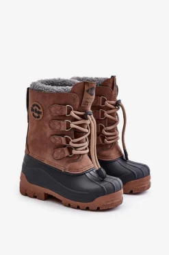 Outlet Wysokie Ciepłe Śniegowce Dziecięce Ze Ściągaczem LCJ-24-44-2842K Brązowe Dzieci Chłopięce|Dziewczęce