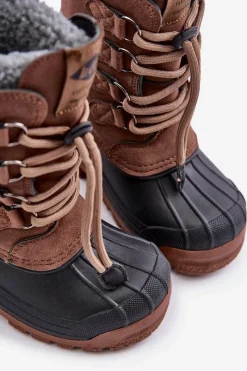Outlet Wysokie Ciepłe Śniegowce Dziecięce Ze Ściągaczem LCJ-24-44-2842K Brązowe Dzieci Chłopięce|Dziewczęce