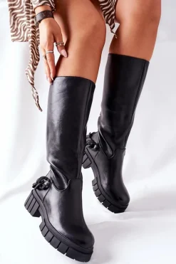 Kozaki Płaskie|Kozaki Przed Kolano>Boto Wysokie Czarne Kozaki z Łańcuchem Teardown