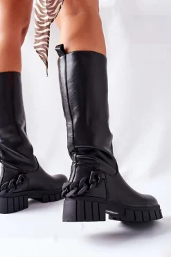 Kozaki Płaskie|Kozaki Przed Kolano>Boto Wysokie Czarne Kozaki z Łańcuchem Teardown