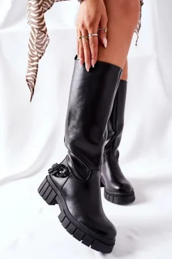 Kozaki Płaskie|Kozaki Przed Kolano></noscript>Boto Wysokie Czarne Kozaki z Łańcuchem Teardown