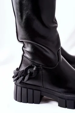 Kozaki Płaskie|Kozaki Przed Kolano></noscript>Boto Wysokie Czarne Kozaki z Łańcuchem Teardown