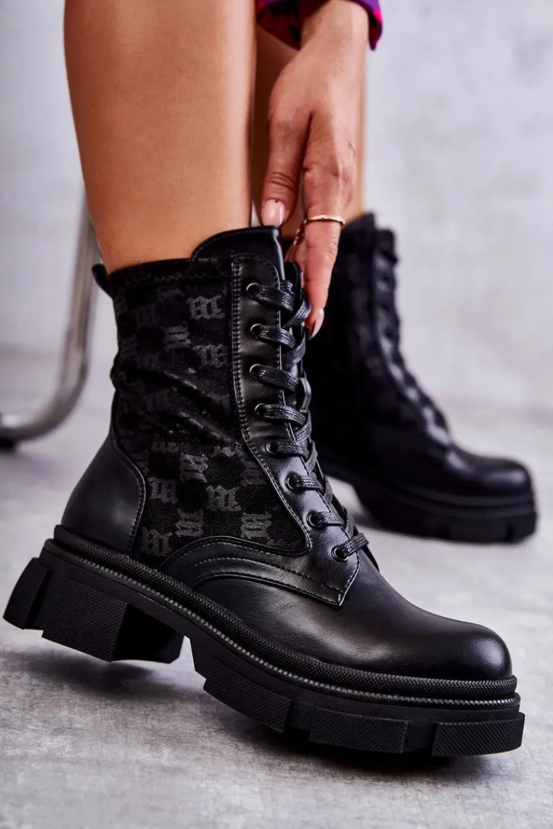 Outlet Boto Wysokie Damskie Botki Wiązane Czarne Verlon