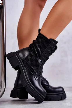 Outlet Boto Wysokie Damskie Botki Wiązane Czarne Verlon