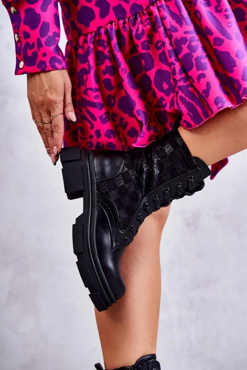 Outlet Boto Wysokie Damskie Botki Wiązane Czarne Verlon