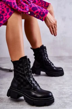 Outlet Boto Wysokie Damskie Botki Wiązane Czarne Verlon