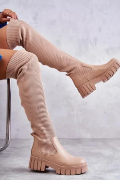 Sale Wysokie Damskie Kozaki Za Kolano Beżowe Austin Damskie Muszkieterki|Kozaki Wiosenne