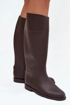 Kalosze Damskie>Boto Wysokie Kalosze Damskie Na Płaskim Obcasie Czekoladowe Melianne