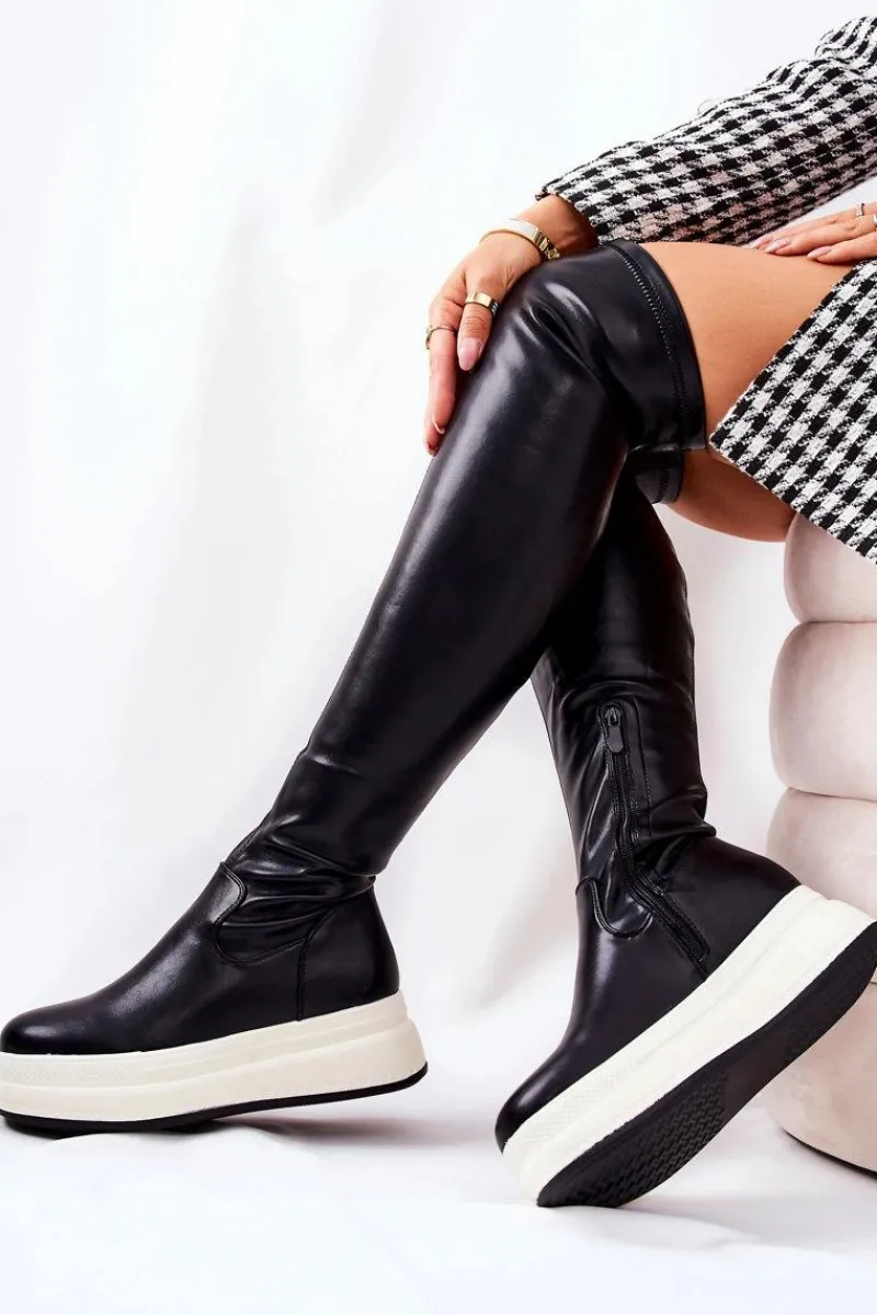 Kozaki Płaskie>Boto Wysokie Kozaki Na Platformie Czarne Nellie