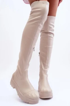 Wysokie Kozaki Na Suwak Beżowe Dudesa Damskie Muszkieterki|Kozaki Za Kolano