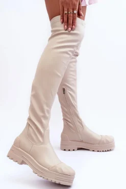 Wysokie Kozaki Na Suwak Beżowe Dudesa Damskie Muszkieterki|Kozaki Za Kolano