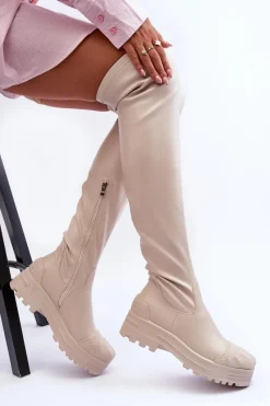 Wysokie Kozaki Na Suwak Beżowe Dudesa Damskie Muszkieterki|Kozaki Za Kolano