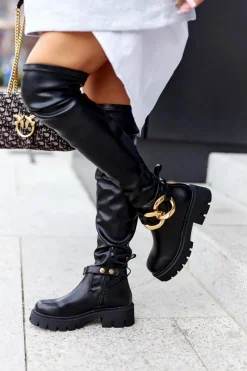 Clearance Wysokie Kozaki Z Ozdobnym Elementem Czarne Masha Damskie Kozaki Płaskie