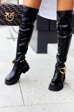 Clearance Wysokie Kozaki Z Ozdobnym Elementem Czarne Masha Damskie Kozaki Płaskie