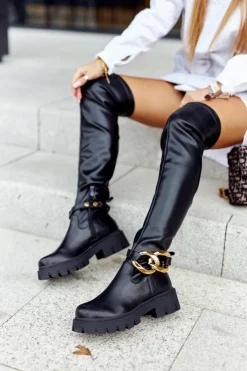 Clearance Wysokie Kozaki Z Ozdobnym Elementem Czarne Masha Damskie Kozaki Płaskie