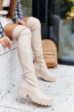 Hot Boto Wysokie Kozaki Z Ozdobnym Elementem Beżowe Masha