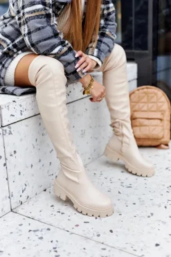 Hot Boto Wysokie Kozaki Z Ozdobnym Elementem Beżowe Masha