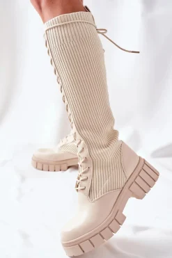 New Boto Wysokie Kozaki ze Skarpetą Beżowe Monteri