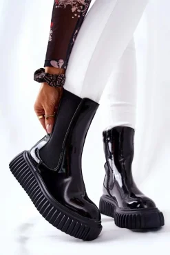 Hot Wysokie Lakierowane Botki Na Platformie Czarne Sereia Damskie Botki Ocieplane|Czarne Botki