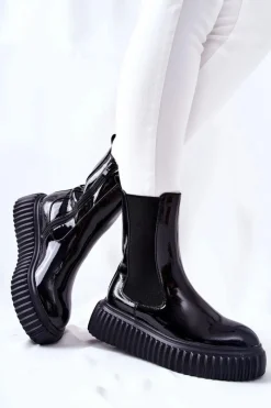 Hot Wysokie Lakierowane Botki Na Platformie Czarne Sereia Damskie Botki Ocieplane|Czarne Botki