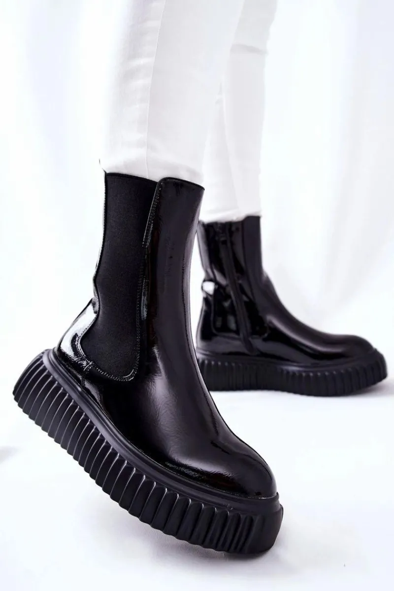 Hot Wysokie Lakierowane Botki Na Platformie Czarne Sereia Damskie Botki Ocieplane|Czarne Botki