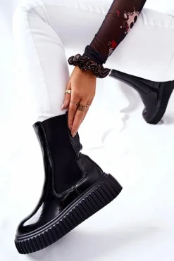 Hot Wysokie Lakierowane Botki Na Platformie Czarne Sereia Damskie Botki Ocieplane|Czarne Botki