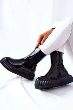 Hot Wysokie Lakierowane Botki Na Platformie Czarne Sereia Damskie Botki Ocieplane|Czarne Botki