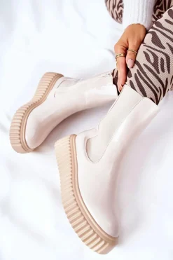 Hot Wysokie Lakierowane Botki Na Platformie Beżowe Sereia Damskie Botki Ocieplane|Czarne Botki